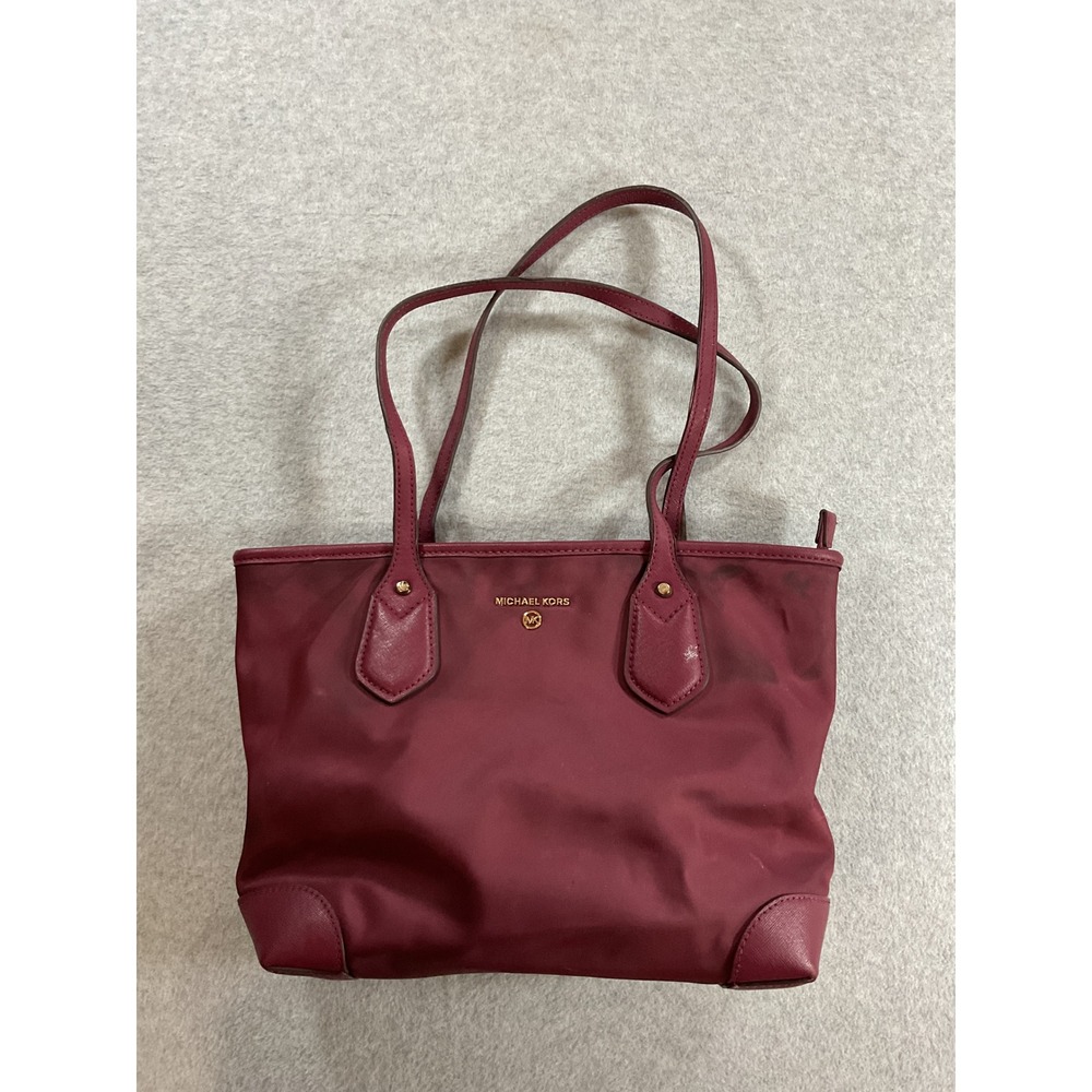 Michael Kors Burgundy Nylon Small Tote Bag Saffiano Leather Trim 30H9GV0T0C